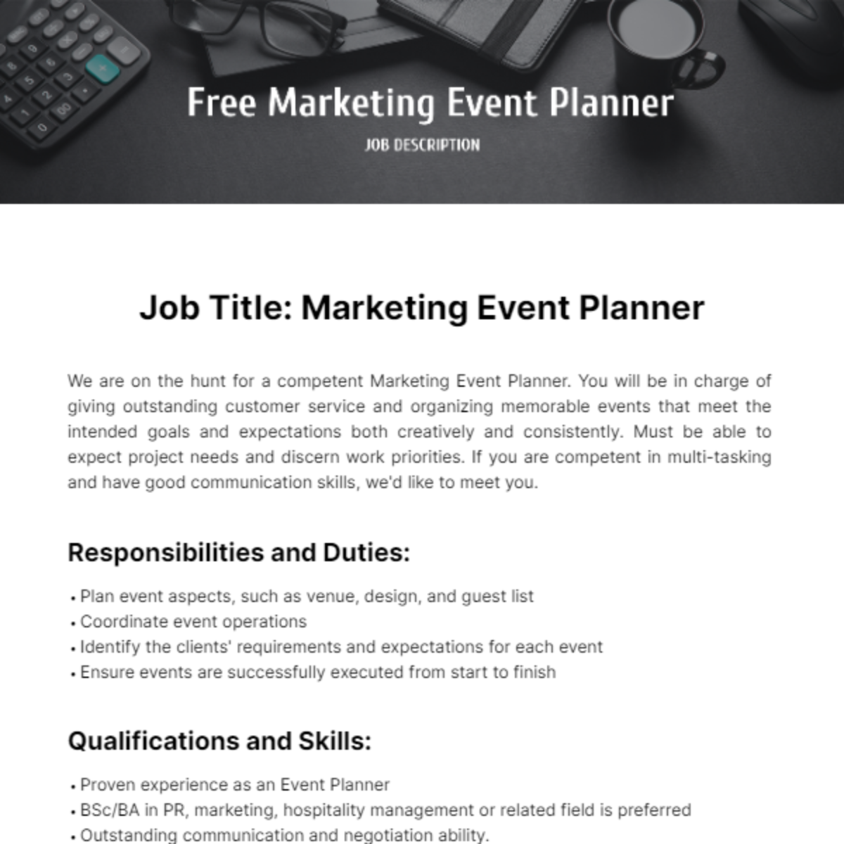 Marketing Event Planner Job Description Template