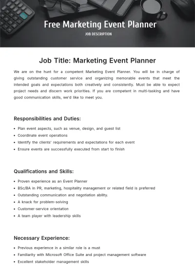 Free Marketing Event Planner Job Description Template to Edit Online