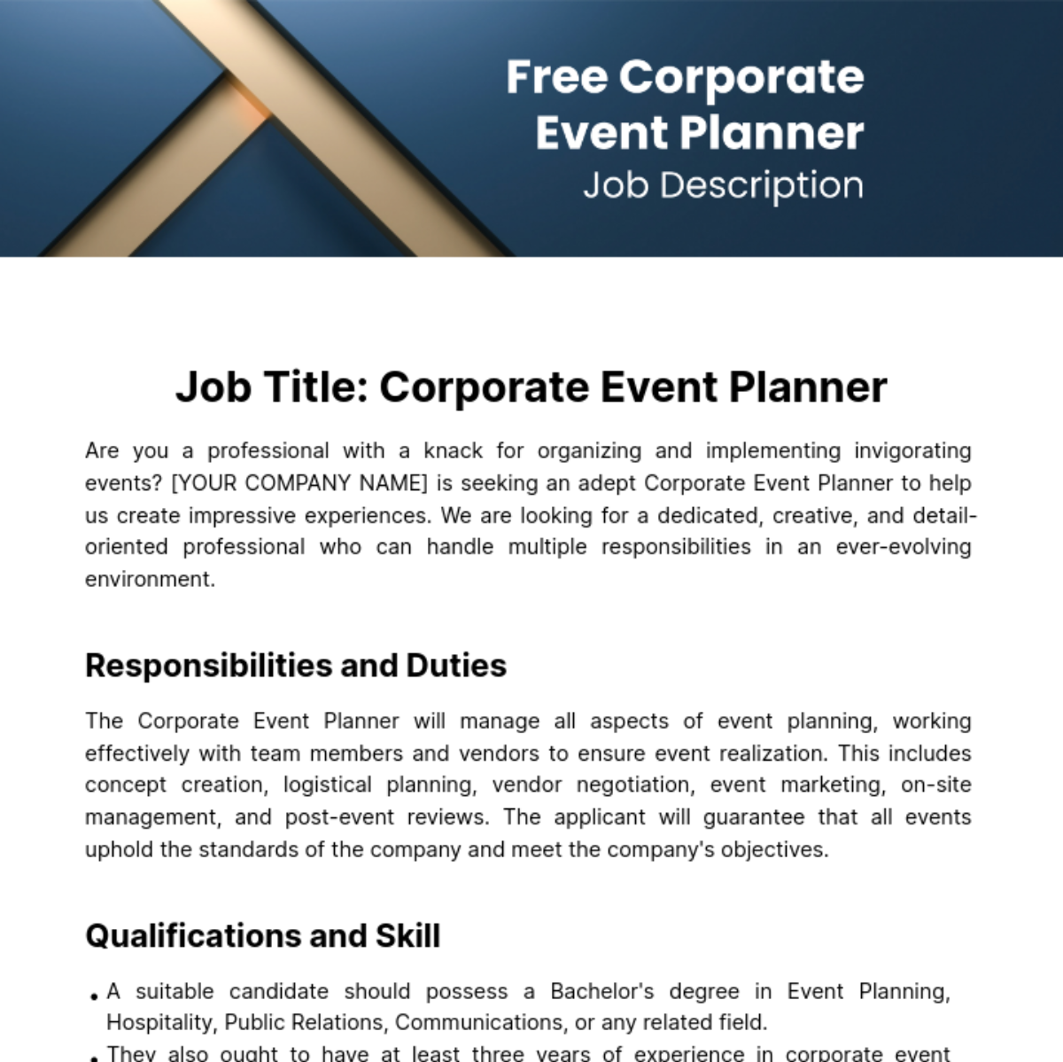 Corporate Event Planner Job Description Template