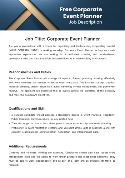 Free Corporate Event Planner Job Description Template to Edit Online