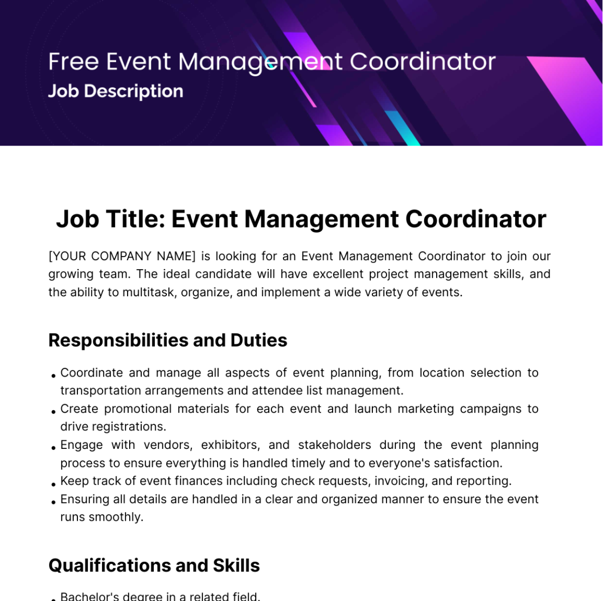 Event Management Coordinator Job Description Template