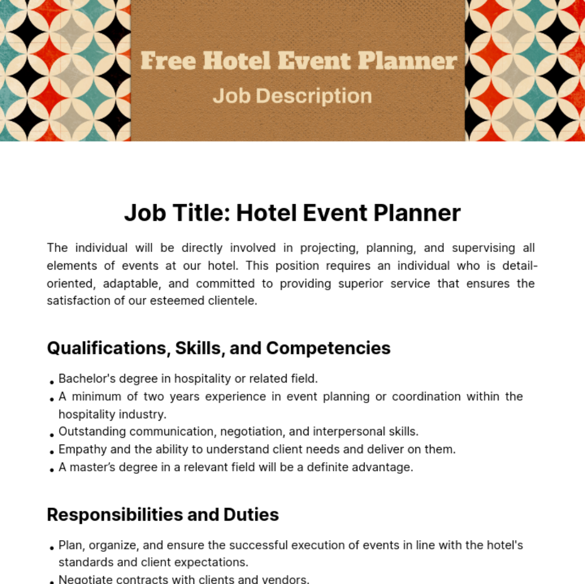 Hotel Event Planner Job Description Template - Edit Online & Download