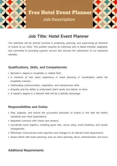 Free Hotel Event Planner Job Description Template to Edit Online