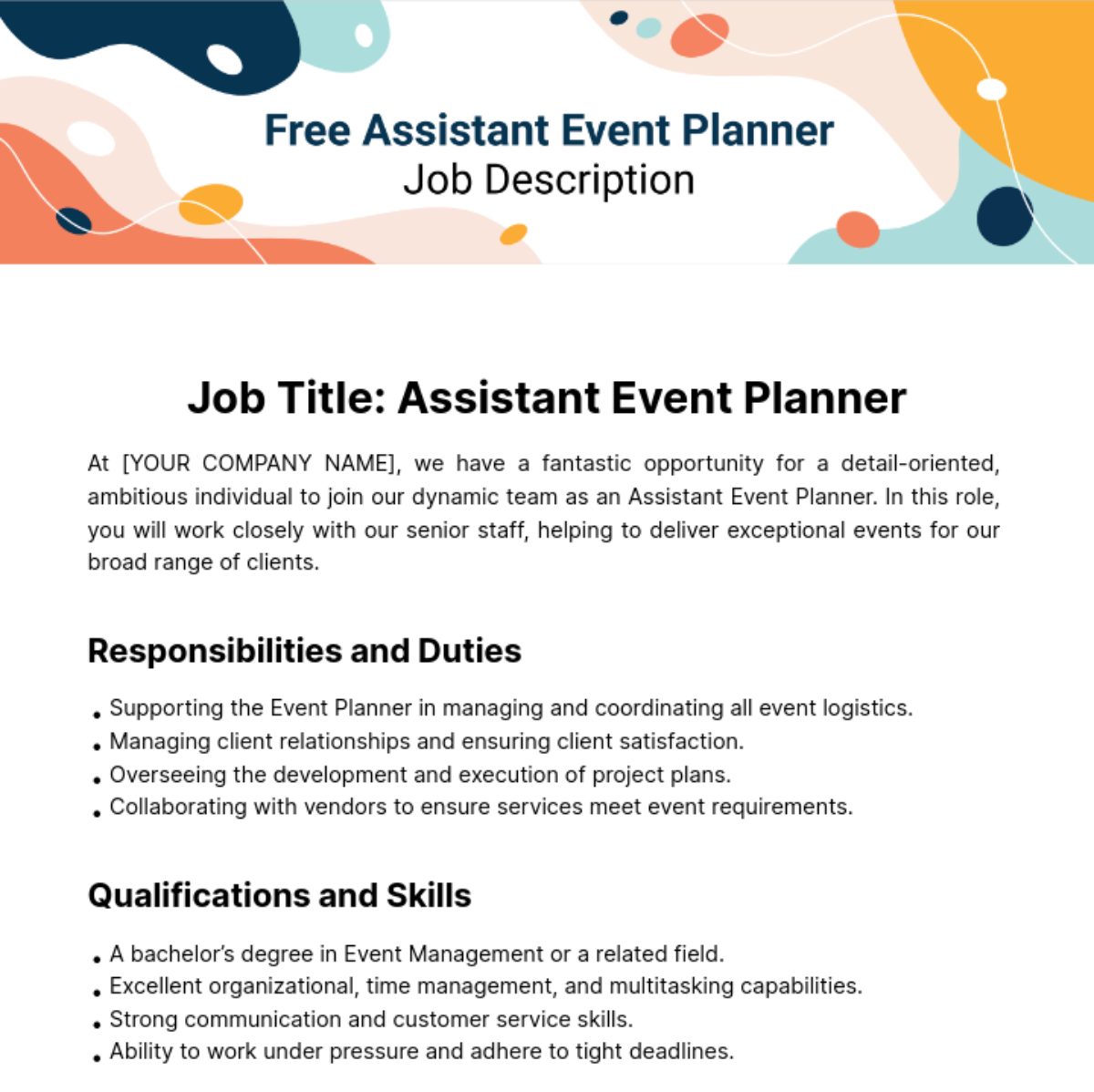 Assistant Event Planner Job Description Template
