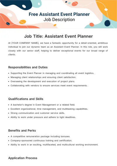 Free Assistant Event Planner Job Description Template to Edit Online