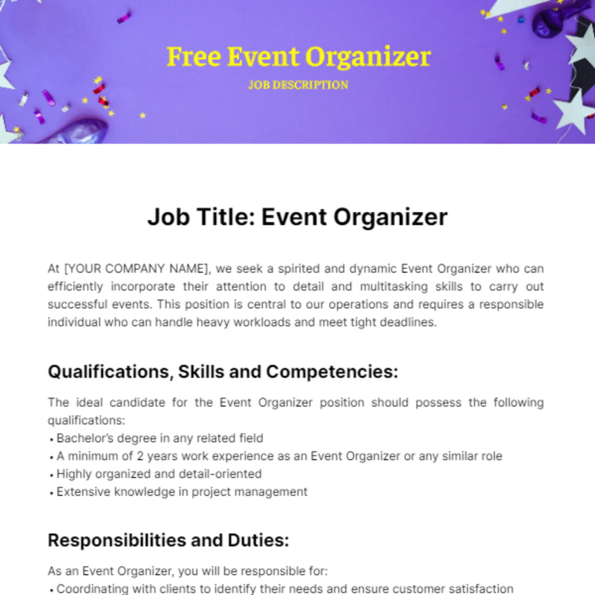 Event Organizer Job Description Template