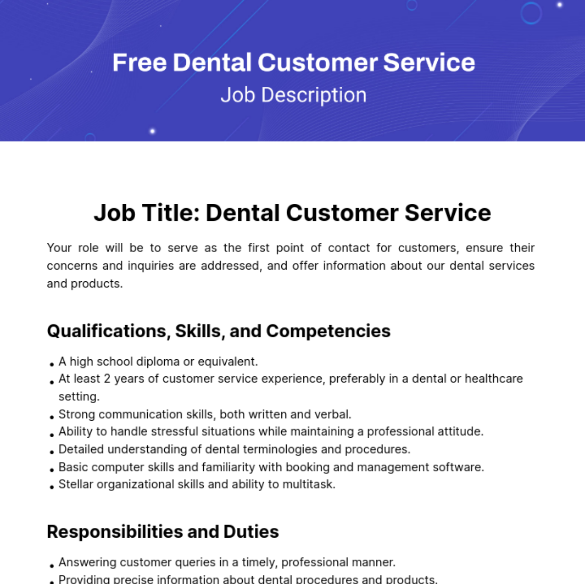 Dental Customer Service Job Description Template