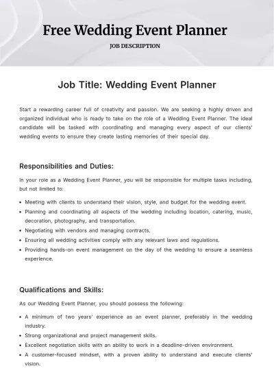 Free Wedding Event Planner Job Description Template to Edit Online