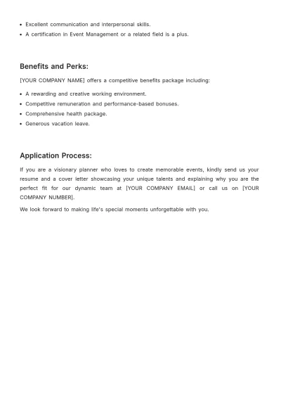Free Wedding Event Planner Job Description Template to Edit Online