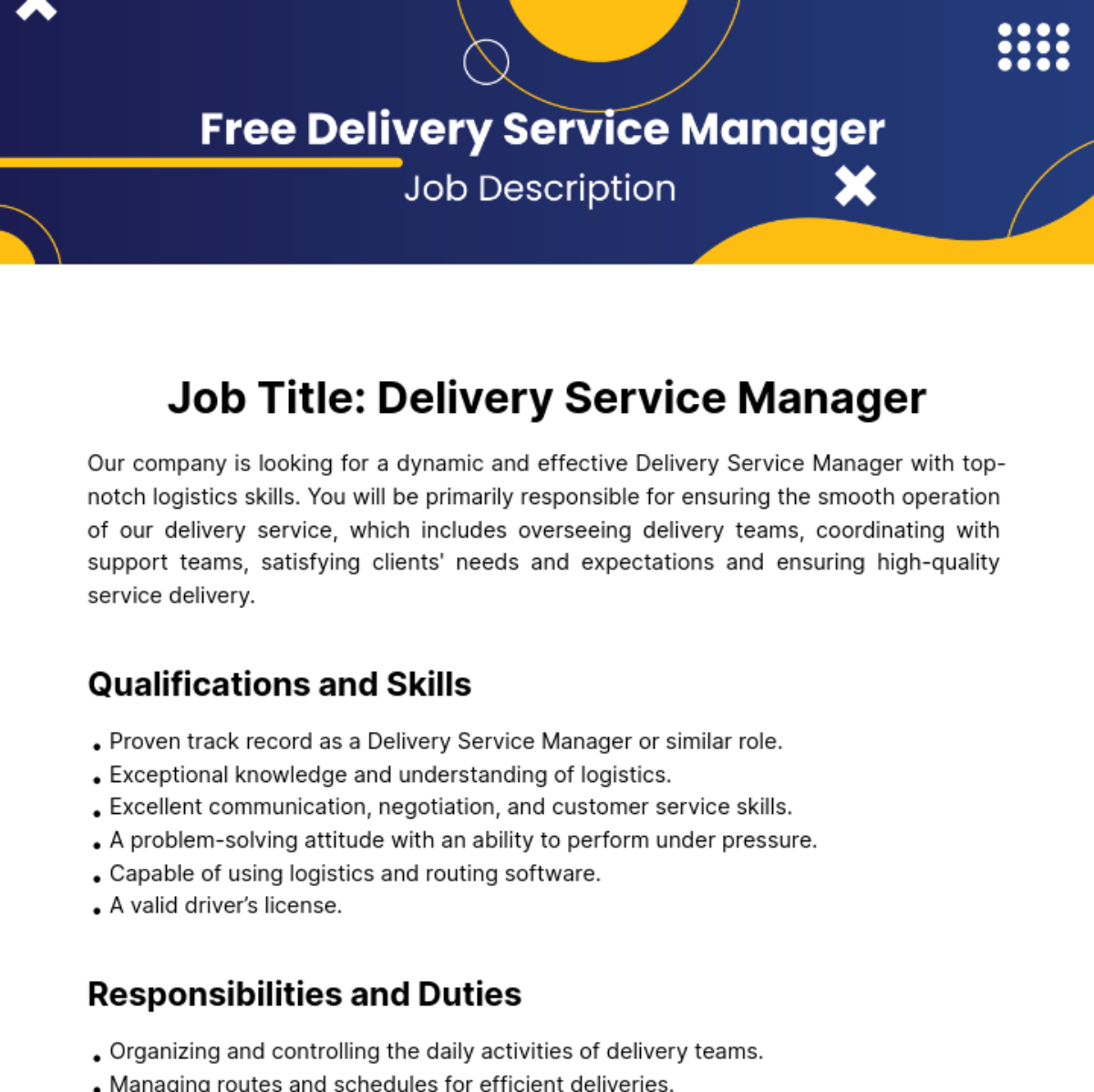 Delivery Service Manager Job Description Template