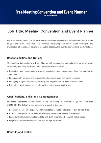 Free Meeting Convention and Event Planner Job Description Template to Edit Online