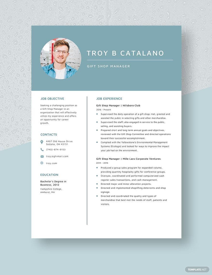 Free Gift Shop Manager Resume in Word, Apple Pages