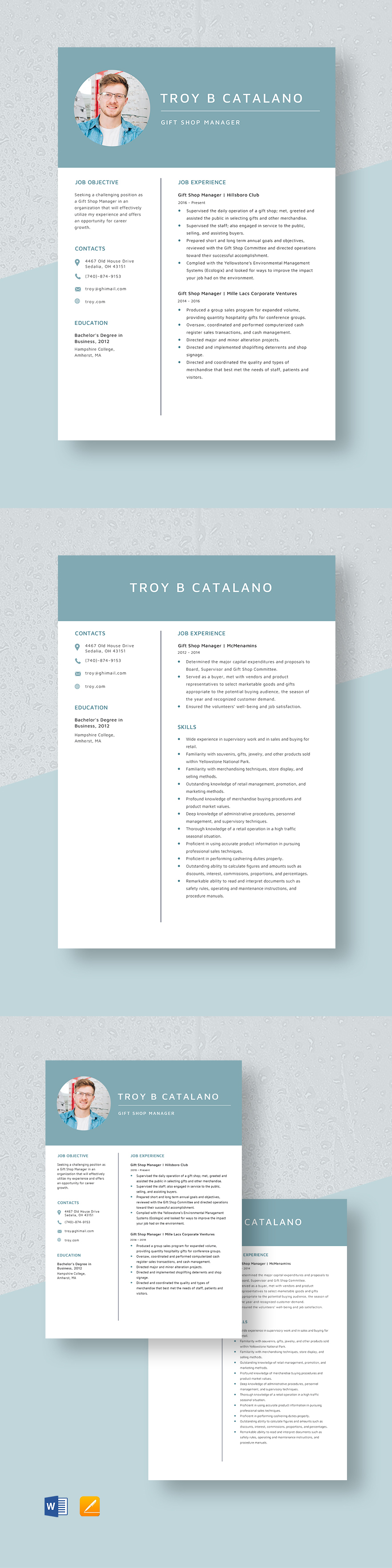 Free Gift Shop Manager Resume Template Word, Apple Pages