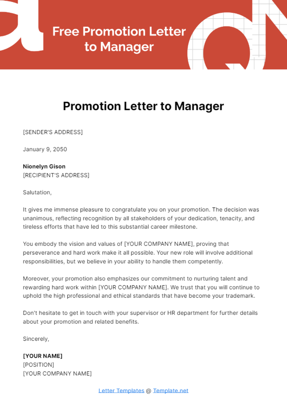 Free Promotion Letter to Manager Template