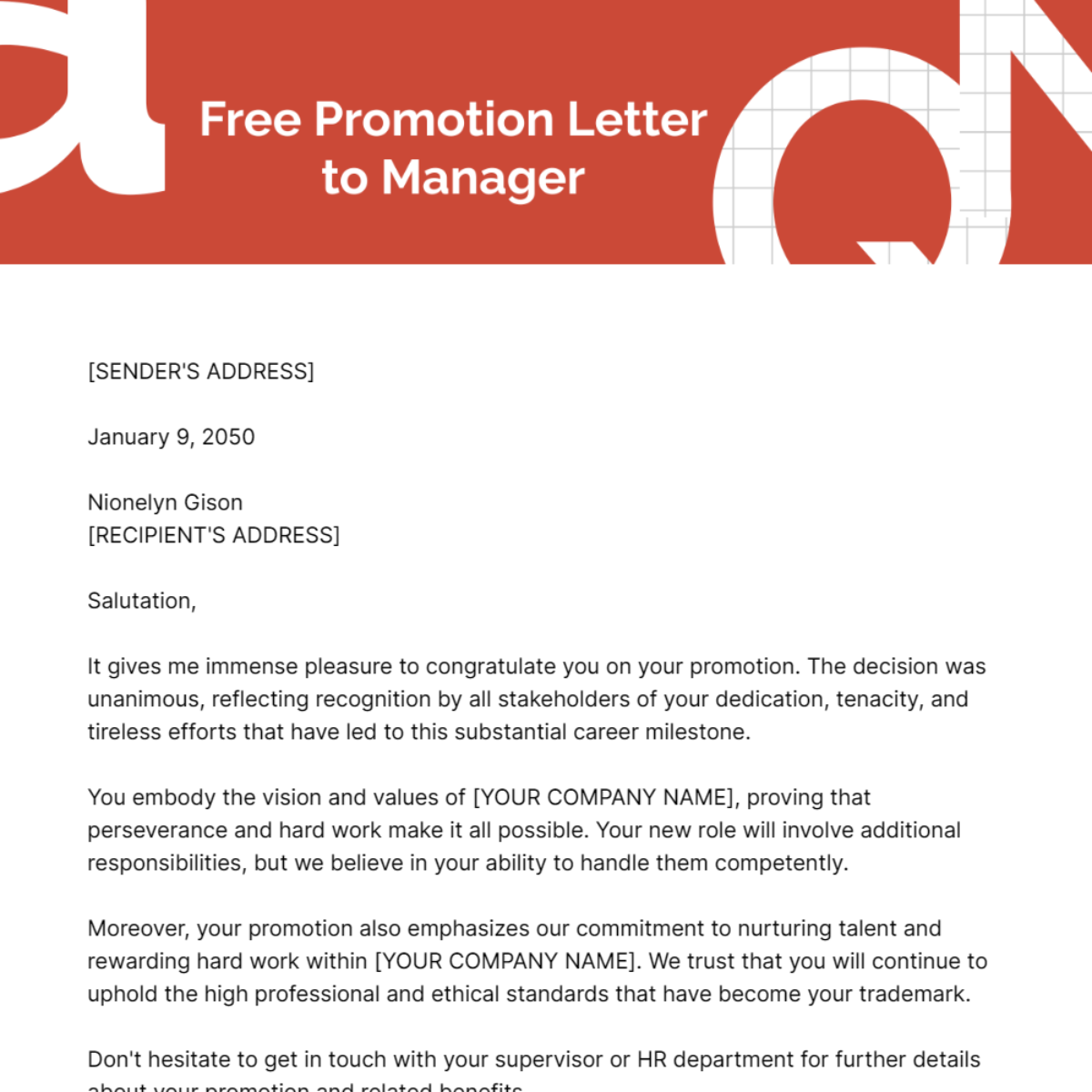 Promotion Letter to Manager Template