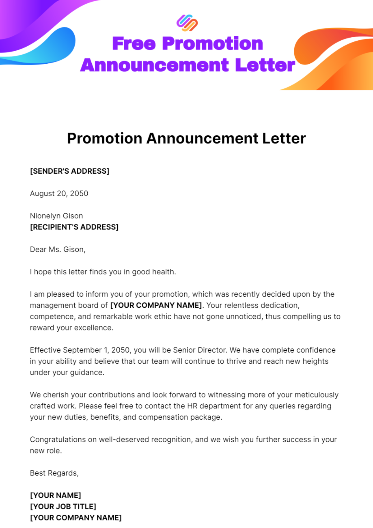 Promotion Announcement Letter Template