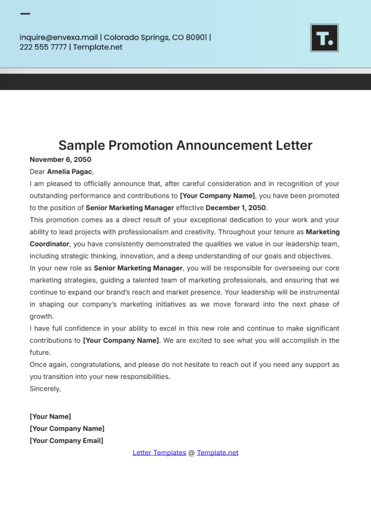 Sample Promotion Announcement Letter Template - Edit Online & Download