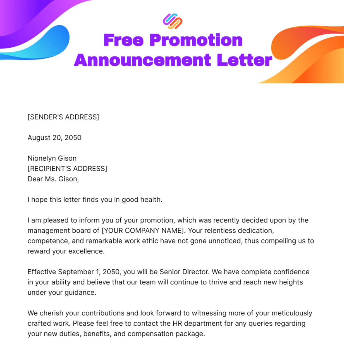 Promotion Announcement Letter Template - Edit Online & Download