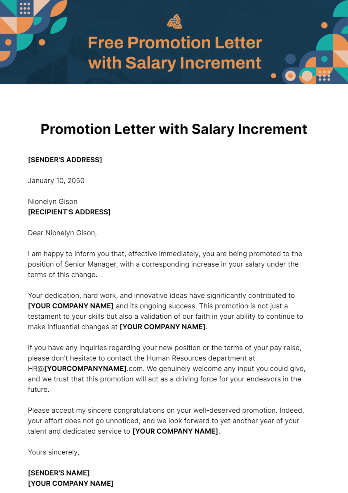 Promotion Letter with Salary Increment Template