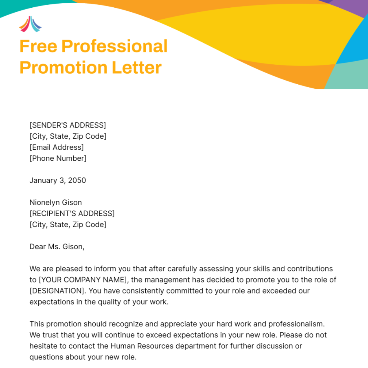 Free Professional Promotion Letter Template