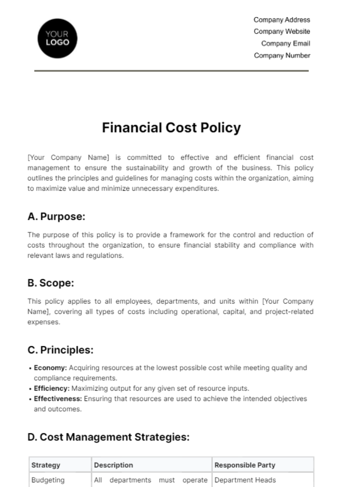 Financial Cost Policy Template
