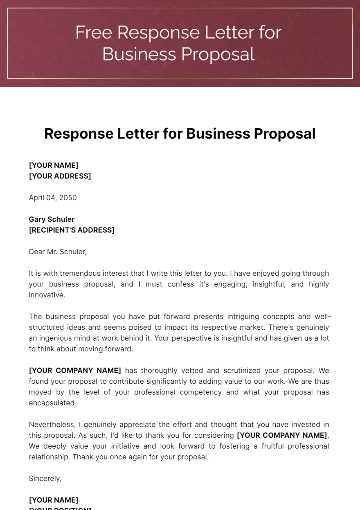 Free Response Letter for Business Proposal Template