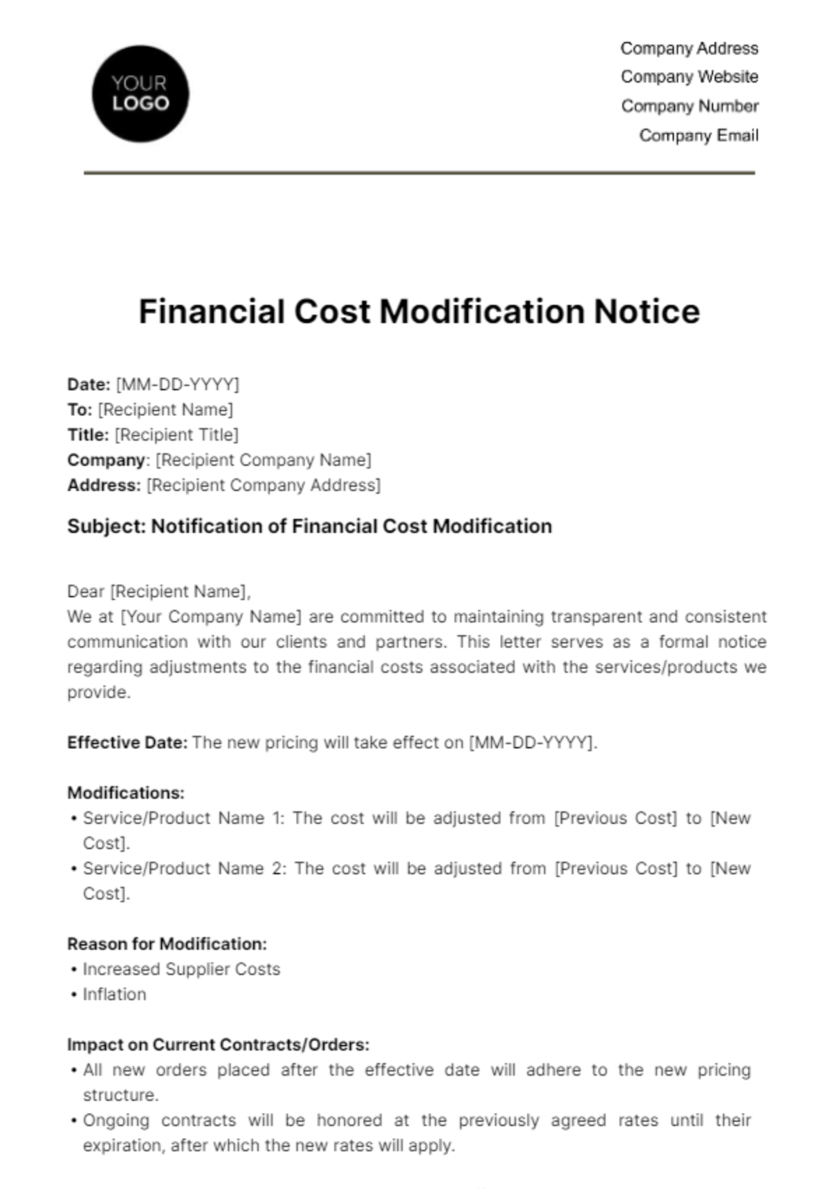 Financial Cost Modification Notice Template