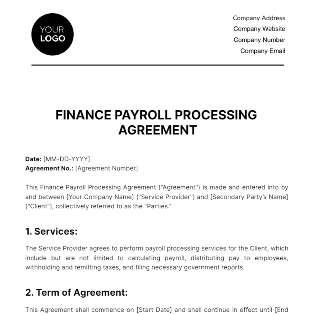 Finance Payroll Processing Agreement Template