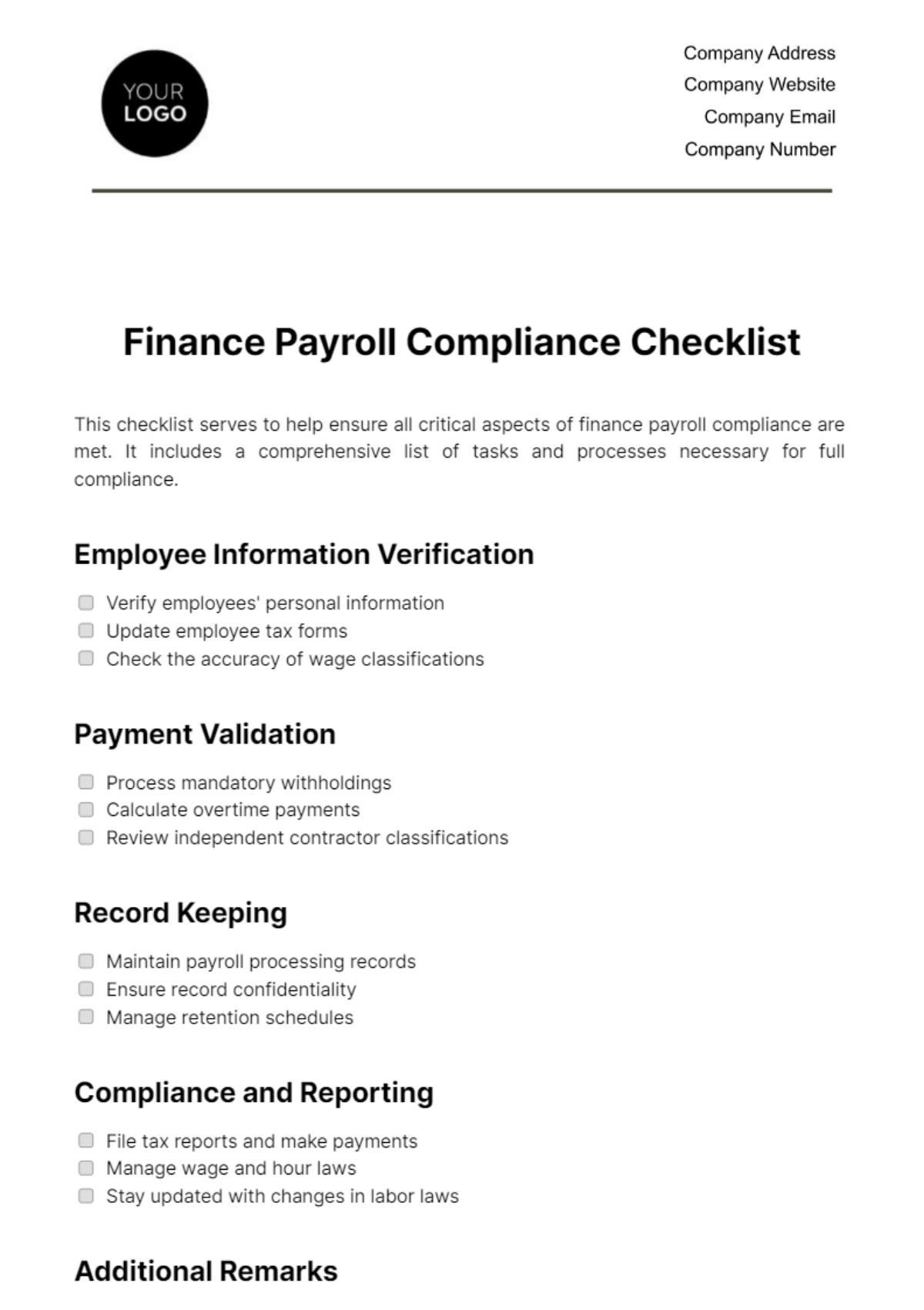 Finance Payroll Compliance Checklist Template