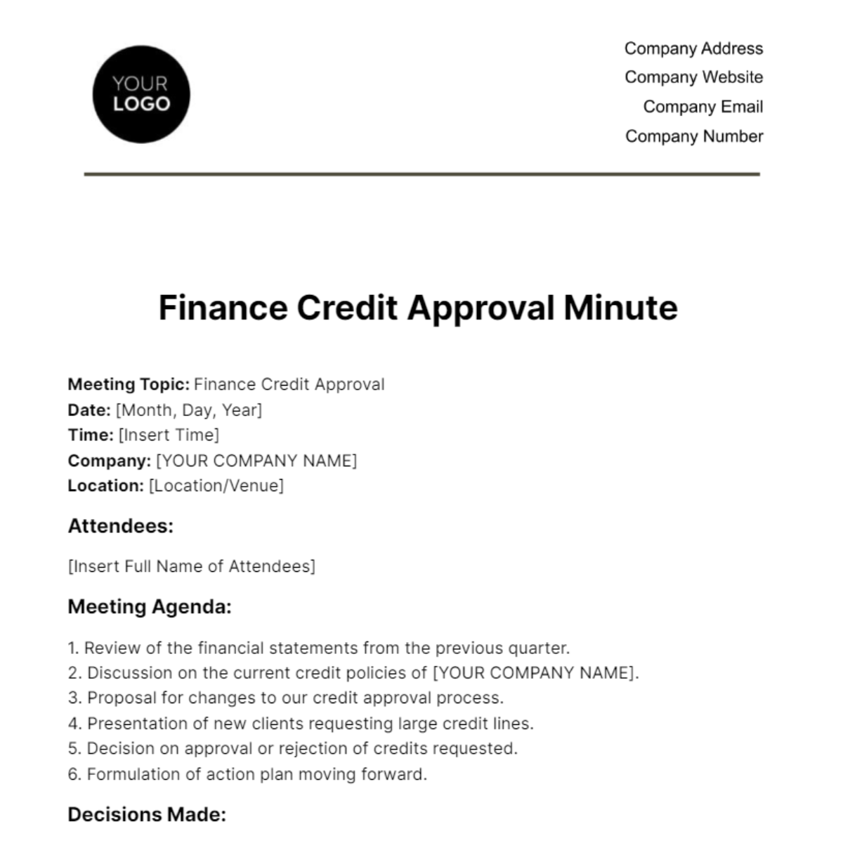 Free Finance Credit Approval Minute Template