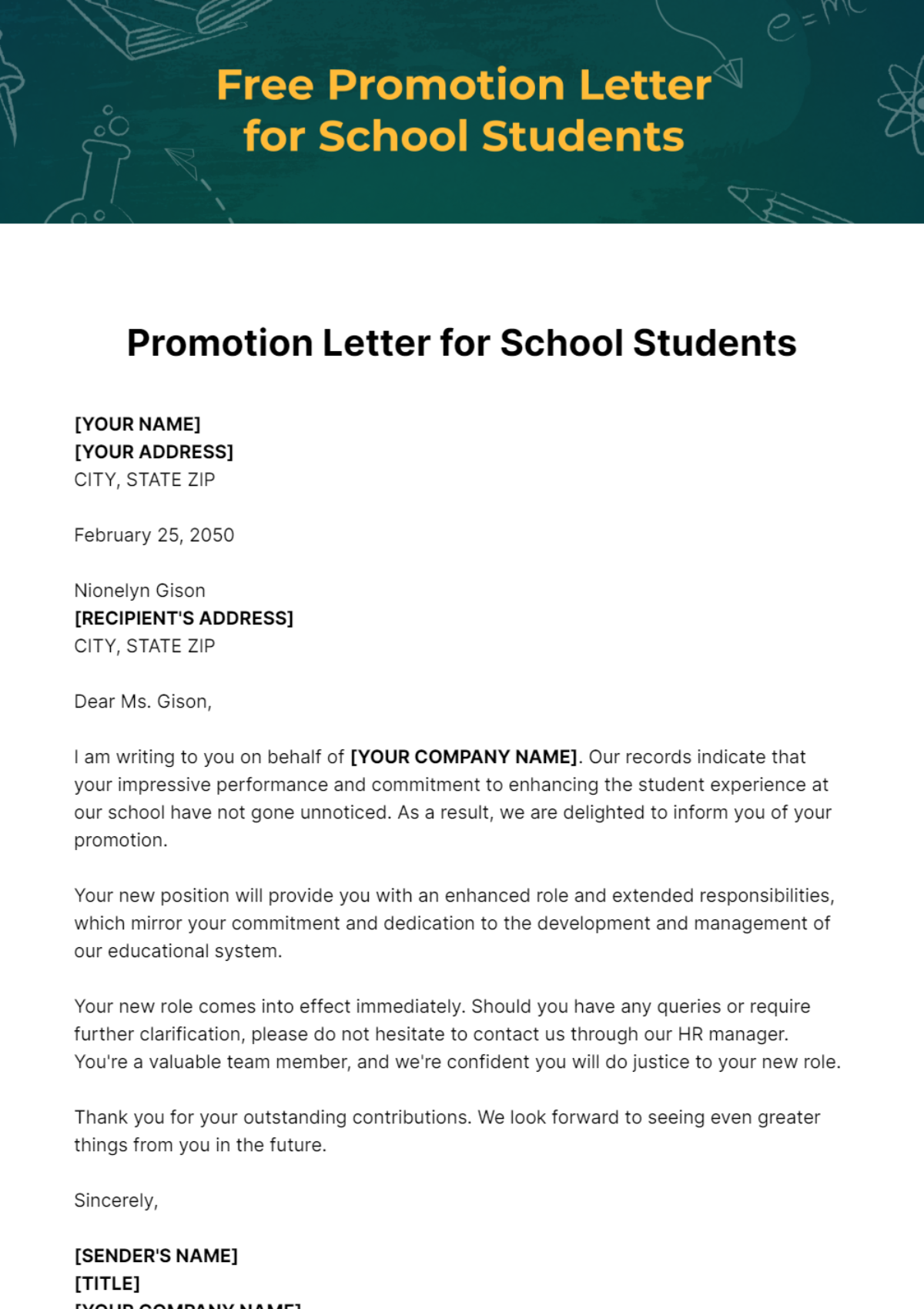 Free Promotion Letter for School Students Template