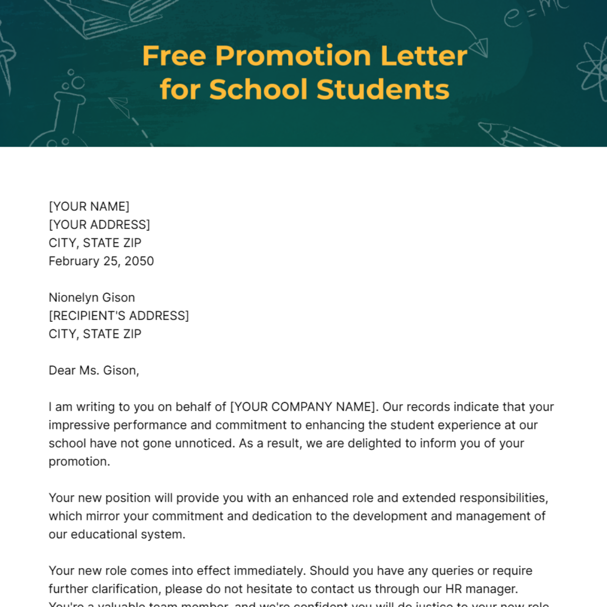 Promotion Letter for School Students Template - Edit Online & Download