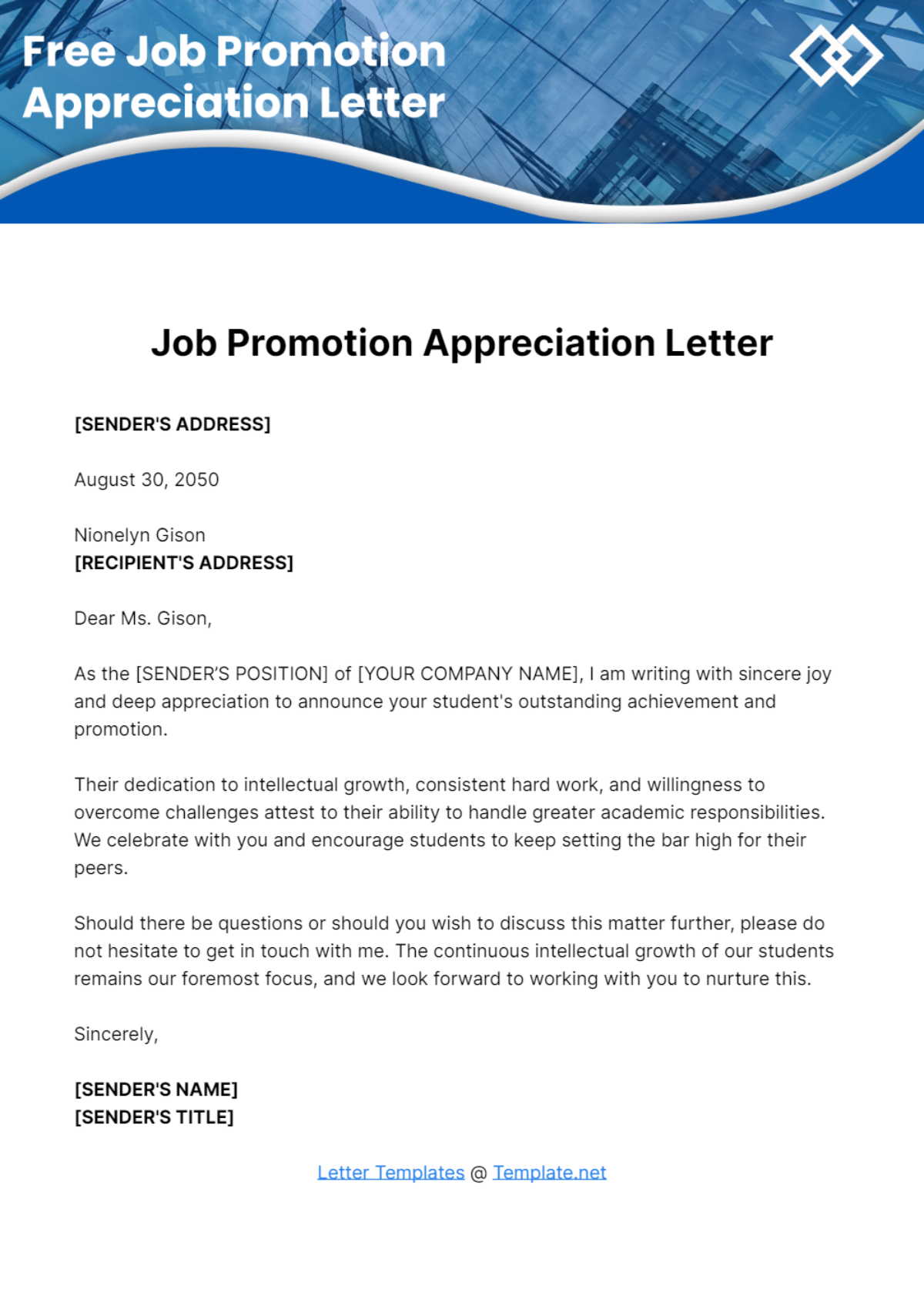 Free Job Promotion Appreciation Letter Template