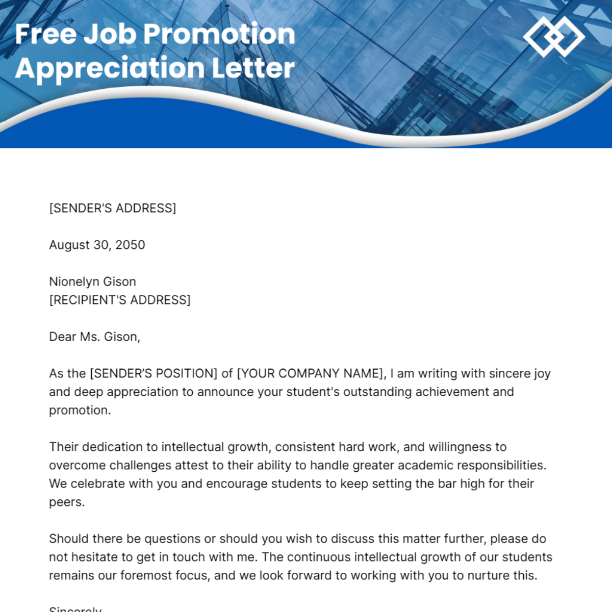 Job Promotion Appreciation Letter Template - Edit Online & Download