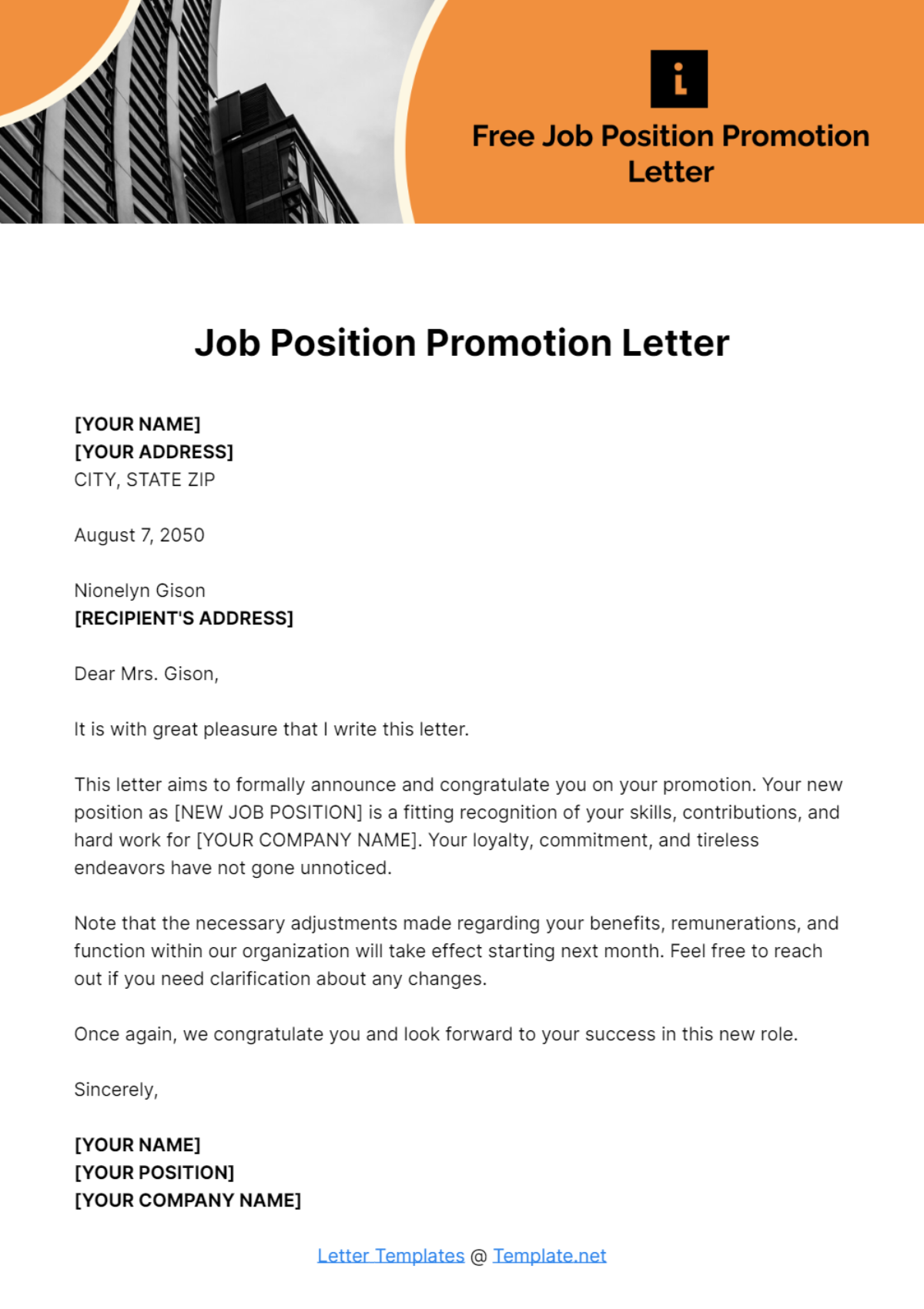 Job Position Promotion Letter Template