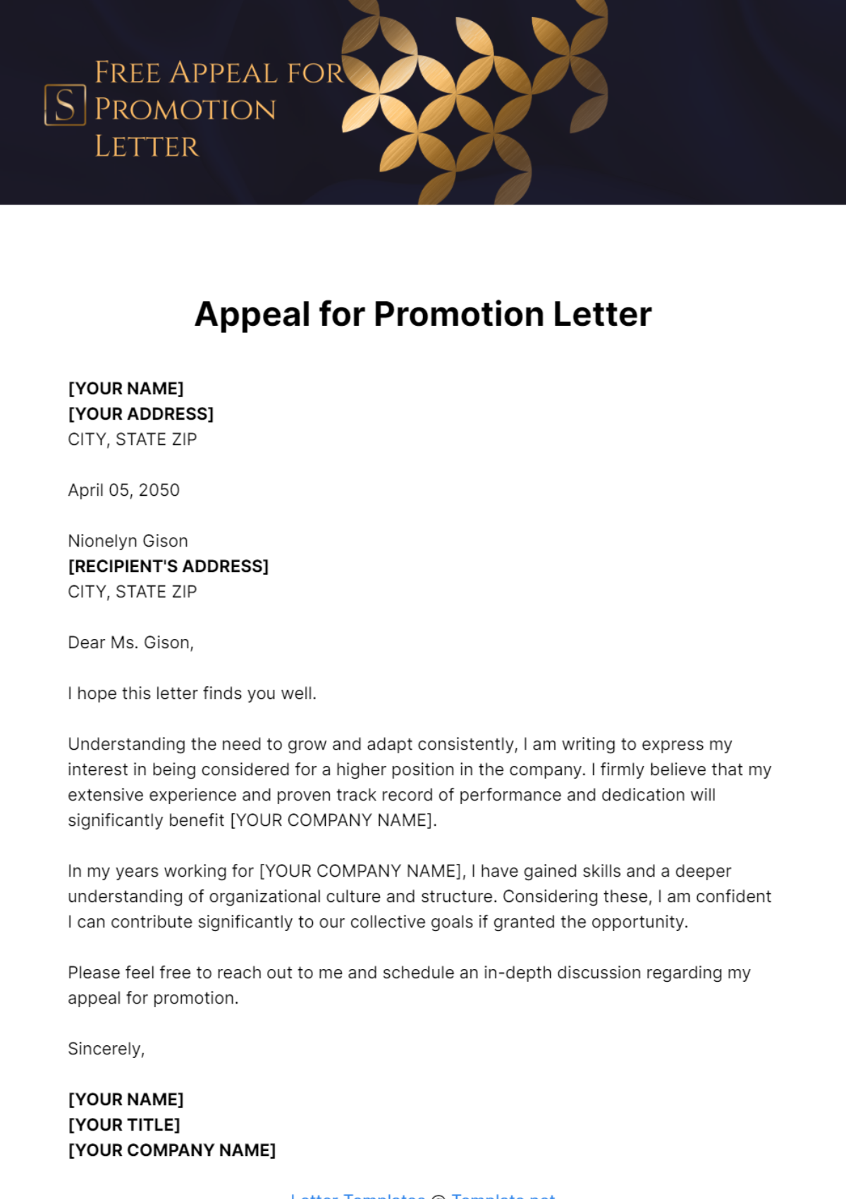 Appeal for Promotion Letter Template