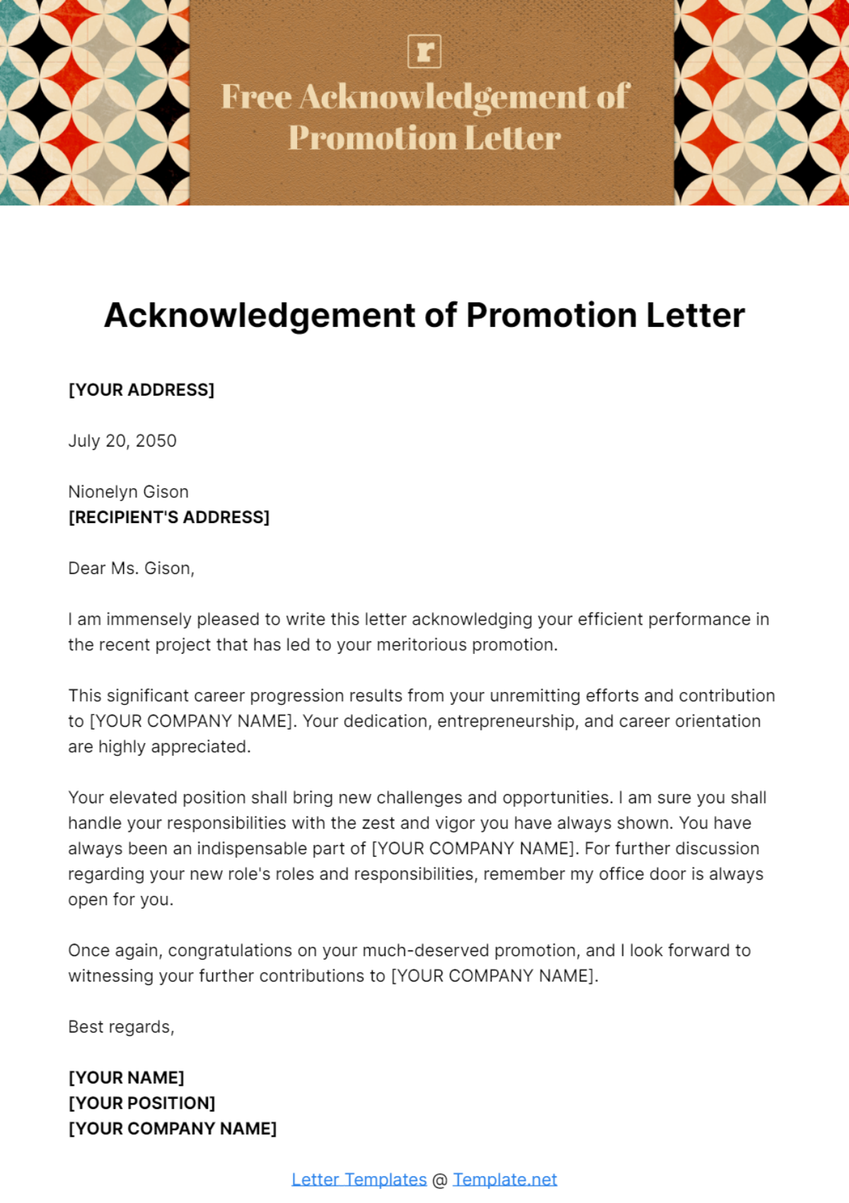 Free Acknowledgement of Promotion Letter Template