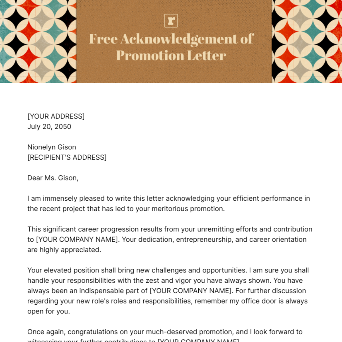 Acknowledgement of Promotion Letter Template - Edit Online & Download