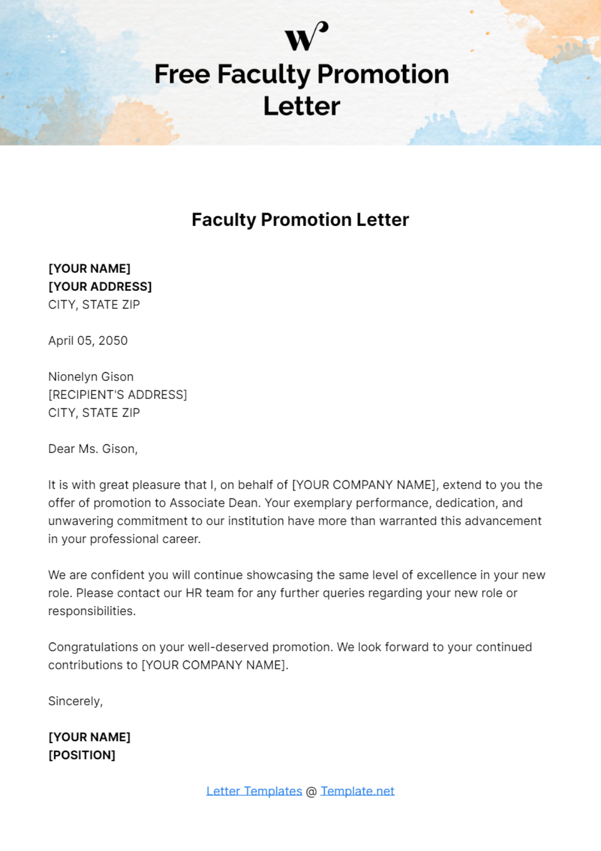 Free Faculty Promotion Letter Template