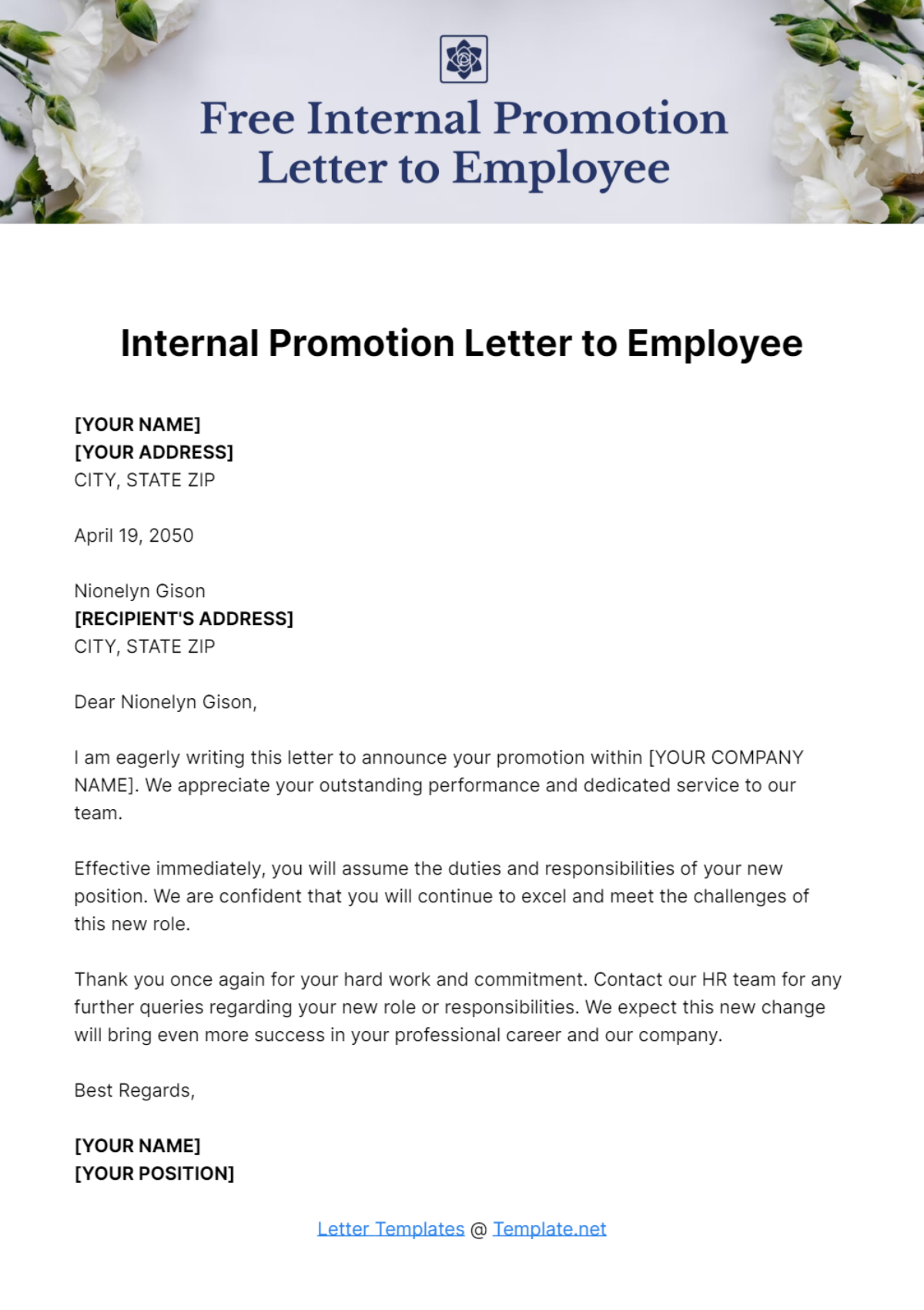 Internal Promotion Letter to Employee Template