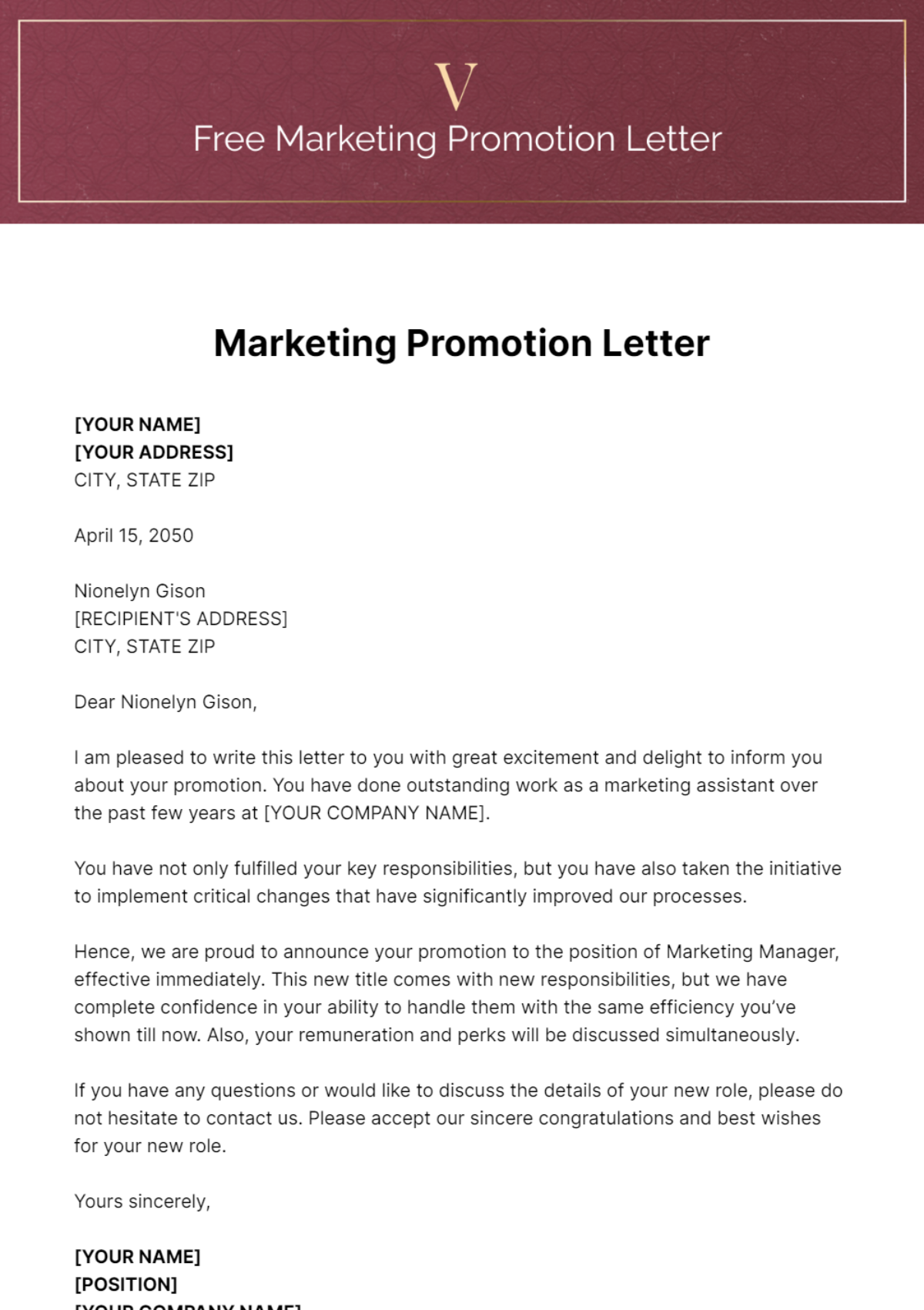 Free Marketing Promotion Letter Template