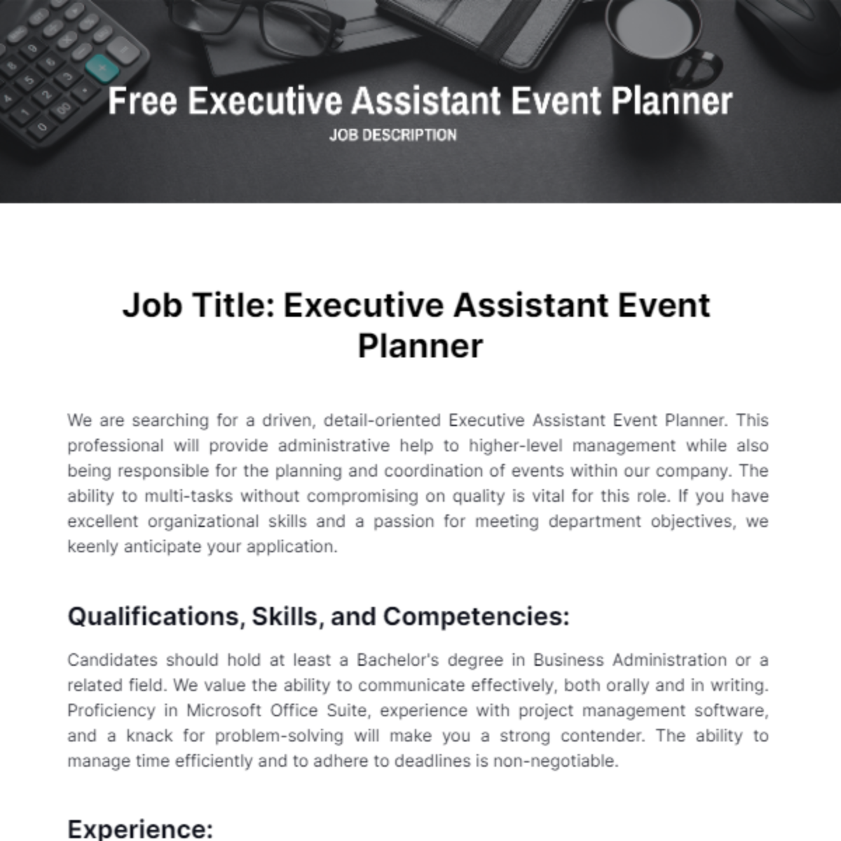 Executive Assistant Event Planner Job Description Template