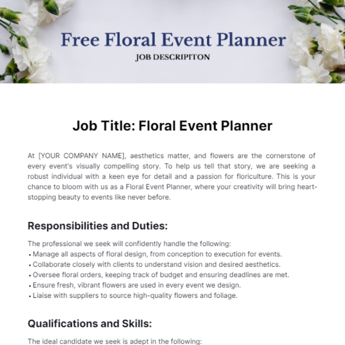 Floral Event Planner Job Description Template