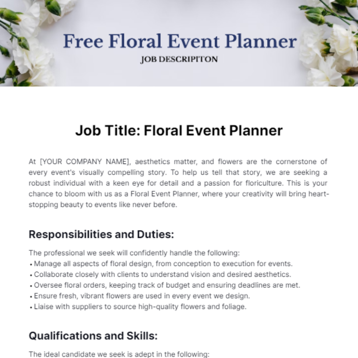 Floral Event Planner Job Description Template Edit Online Download