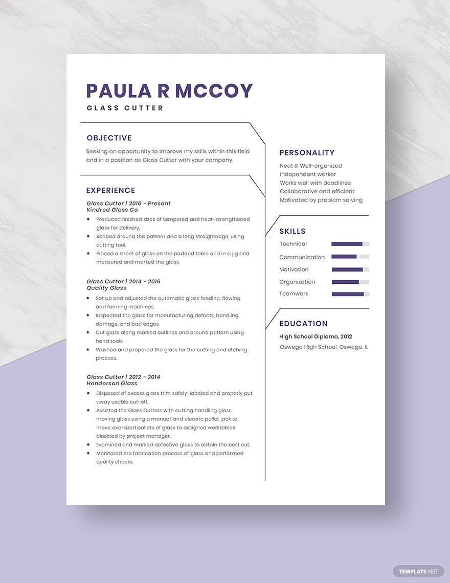 Glass Cutter Resume in Word, Apple Pages
