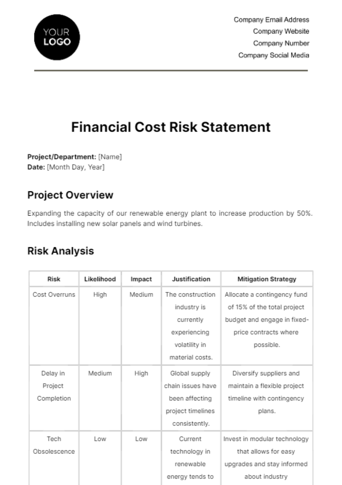 Financial Cost Risk Statement Template