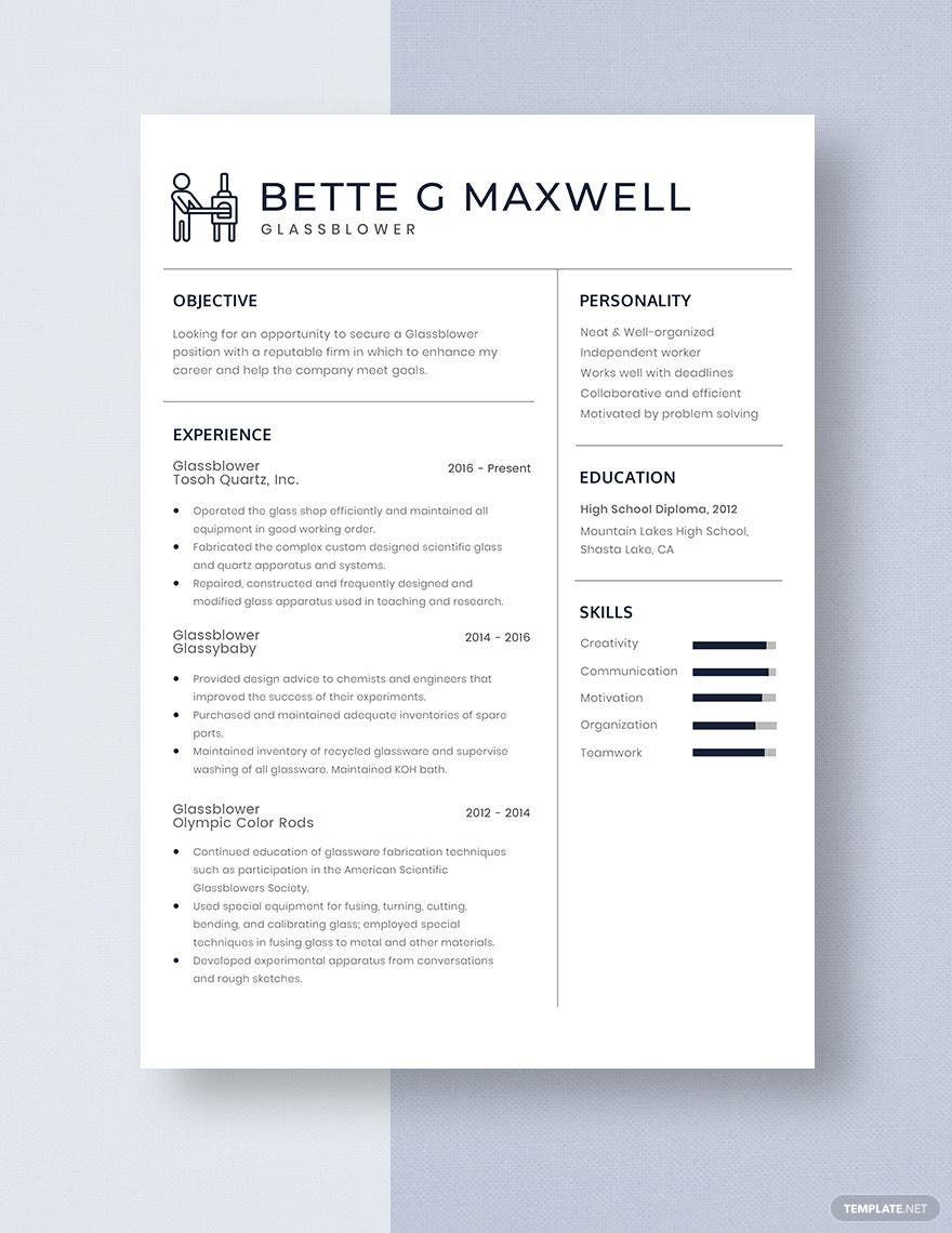 Glassblower Resume in Word, Apple Pages