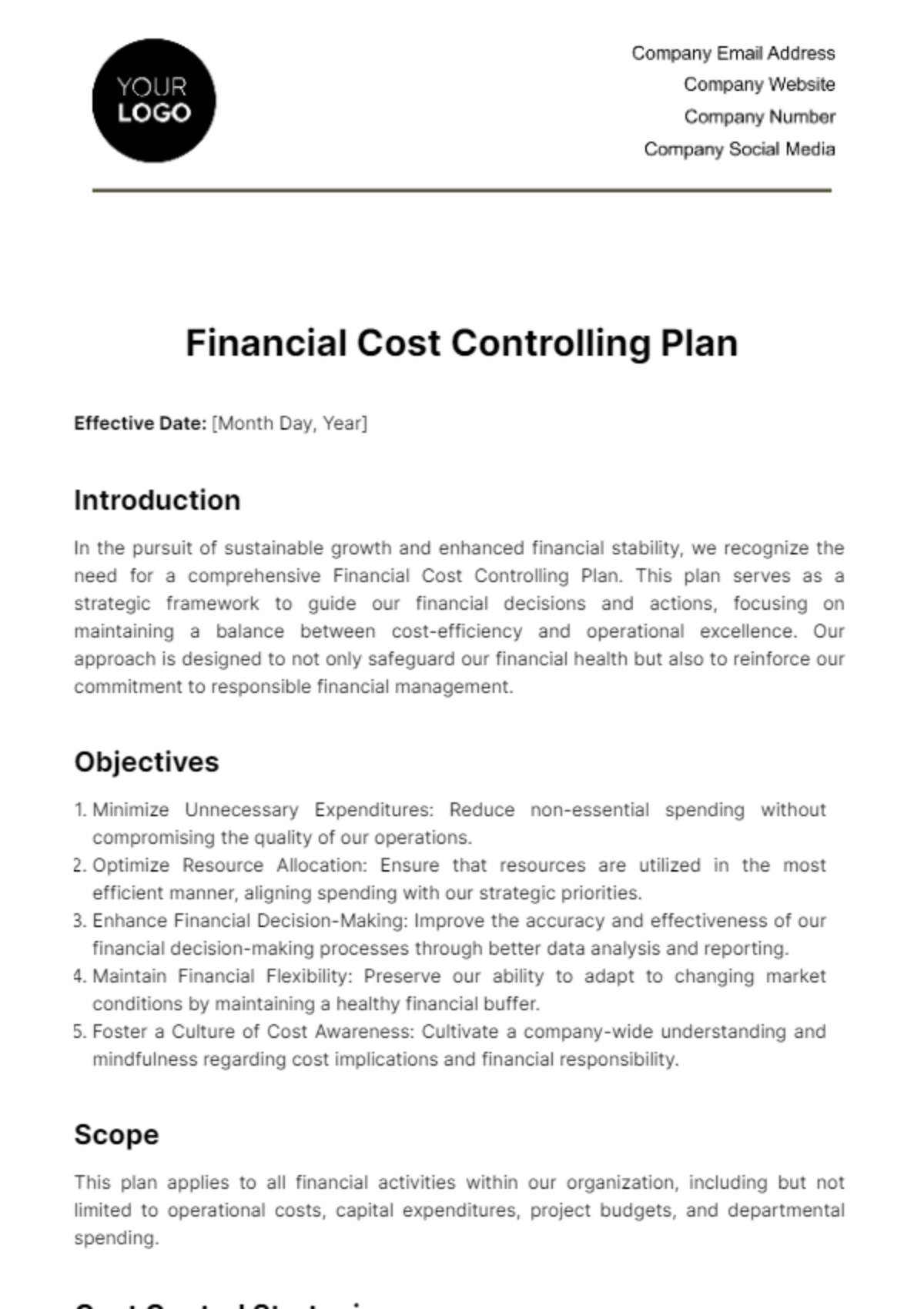 Financial Cost Controlling Plan Template