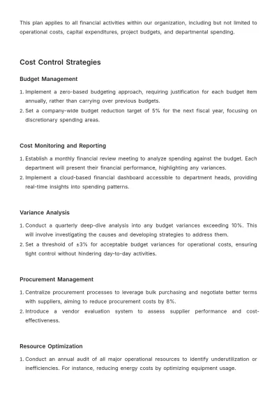Free Financial Cost Controlling Plan Template to Edit Online
