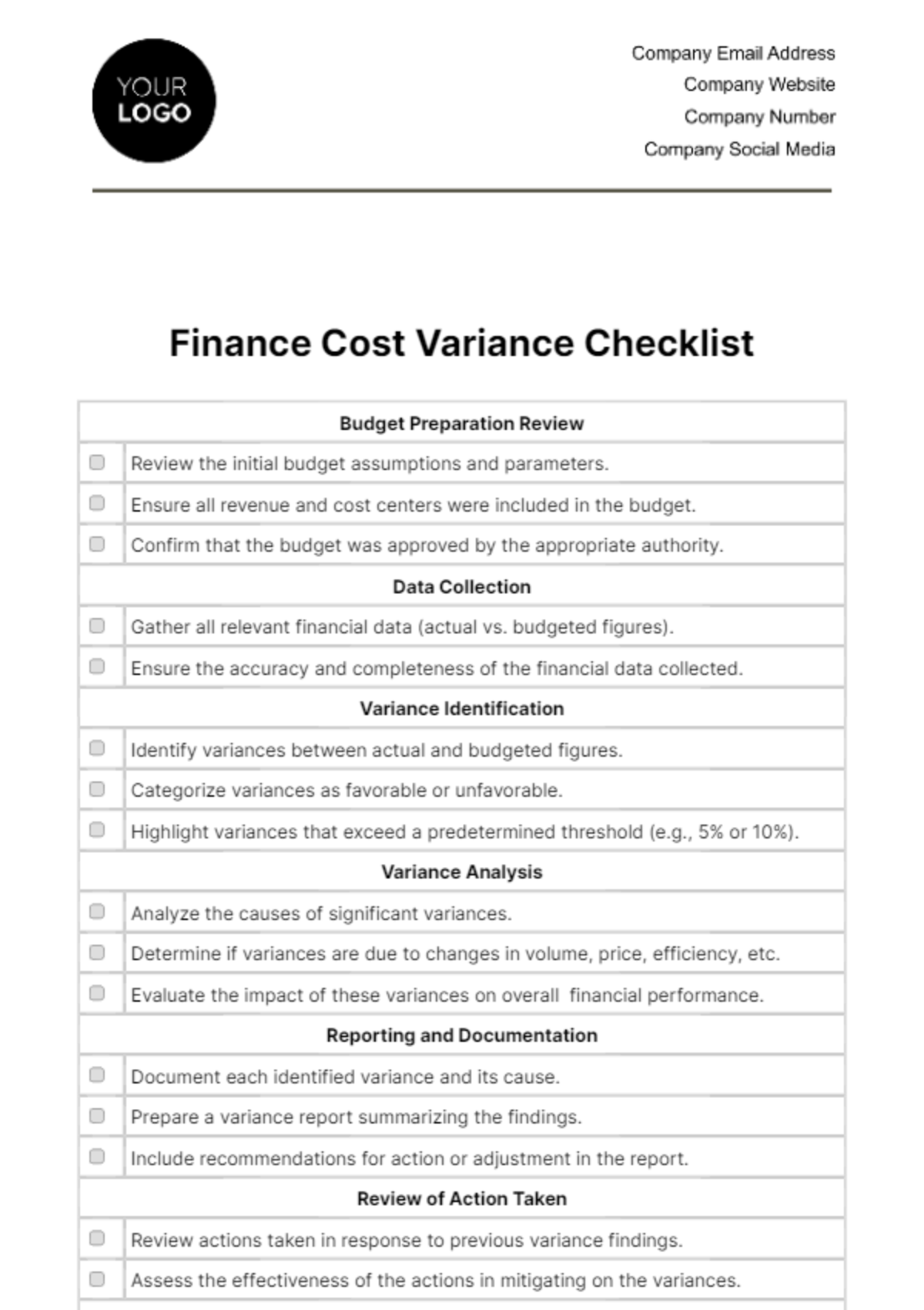 Financial Cost Variance Checklist Template
